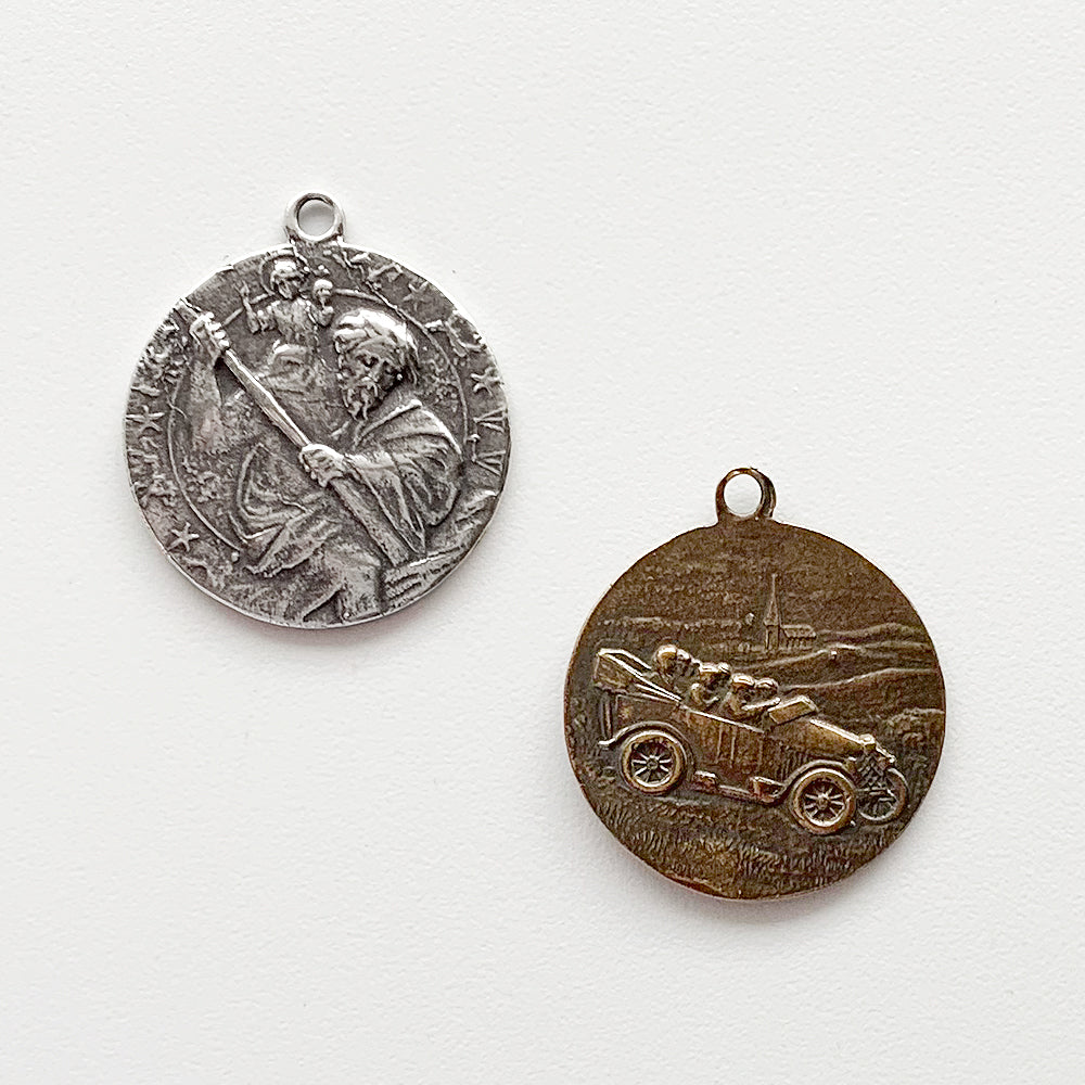 1455  MEDAL, PENDANT, St. Christopher with Celestial Symbols/Auto with Passengers and Church in Background
