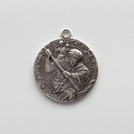 1455  MEDAL, PENDANT, St. Christopher with Celestial Symbols/Auto with Passengers and Church in Background
