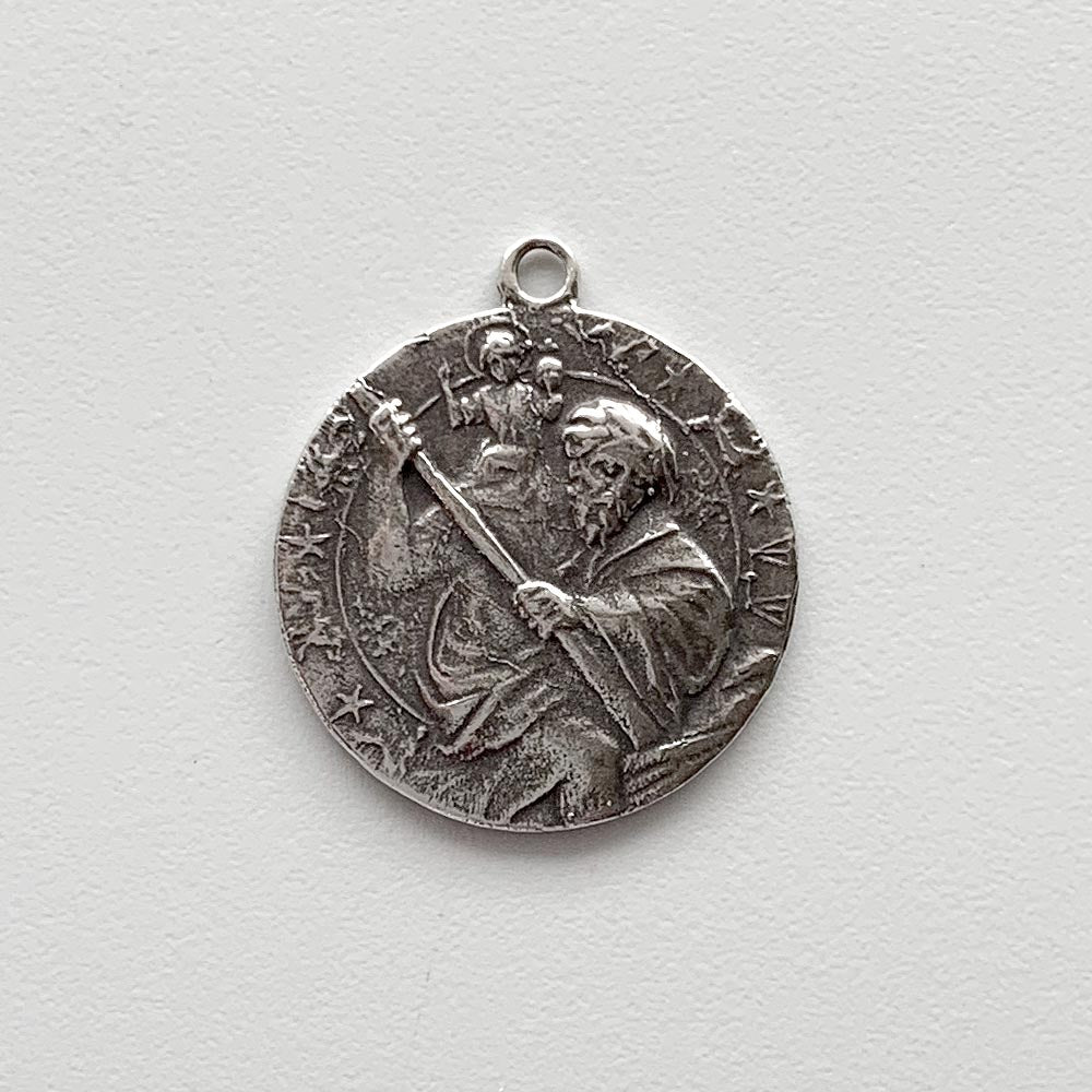 1455  MEDAL, PENDANT, St. Christopher with Celestial Symbols/Auto with Passengers and Church in Background