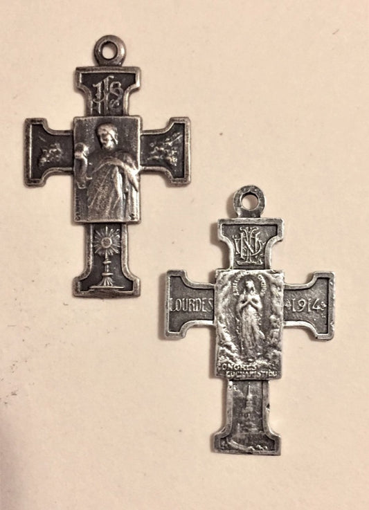 1528 CROSS, MEDAL - Jesus Holding the World/Mary at Lourdes