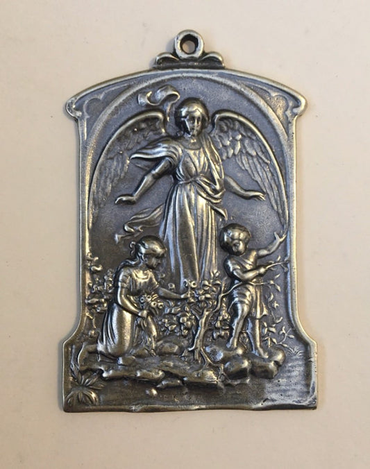 OR-05-YB  ORNAMENT/MEDAL - Guardian Angel with Children in the Garden, Beautiful!